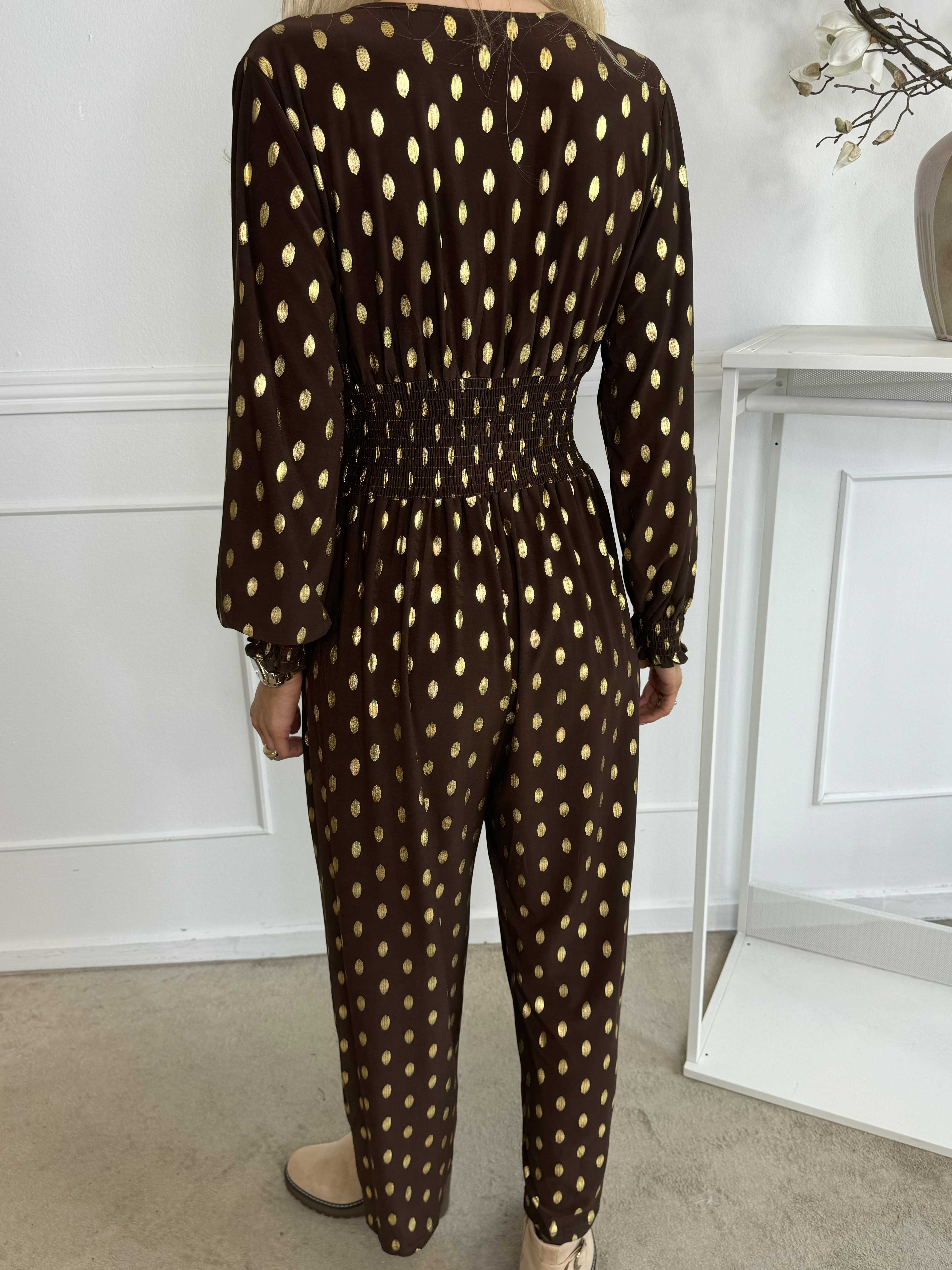 Pams Gold Dot Jumpsuit L/S - Jumpsuit i stretchigt tyg med guldprickar